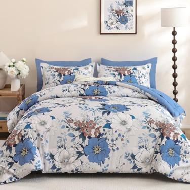 Imagem de Xruibed Conjunto de edredom floral azul, 7 peças, cama em um saco, floral, boêmio, conjunto de edredom com lençol, fronhas, fronhas, microfibra macia para todas as estações (King 264 x 224 cm)