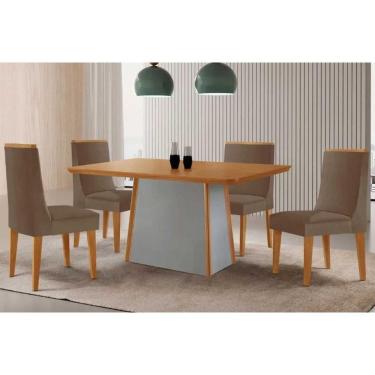 Imagem de Mesa Cozinha Tilia c/ Tampo Madeirado Canto Curvo 120x80cm e 4 Cadeiras Dakota Madeira Maciça Naturale/Off White - Capuccino/Suede Capuccino-Rufato