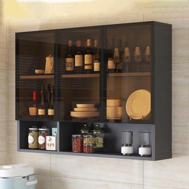 Imagem de Armário de exibição de vidro para banheiro montado na parede, armário de armazenamento de cozinha estreito em marrom/cinza, organizador sobre o banheiro, alça oculta para decoração de sala de estar e