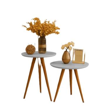 Imagem de Kit 2 Mesas Canto Apoio Redonda Retro Para Sala Sofá Lateral Em Pés Palito Madeira Tripé(Branco)
