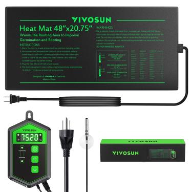 Imagem de VIVOSUN Conjunto de tapete térmico de mudas de 122 cm x 52,7 cm, combo de termostato digital, almofada de aquecimento hidropônica quente certificada UL e MET para germinação, jardinagem interna