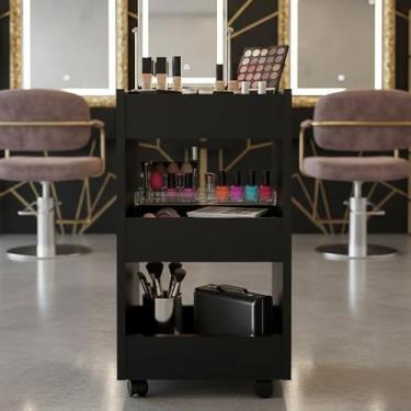 Imagem de Carrinho Auxiliar com Rodinhas Suporte para Esmalte Salão de Beleza Manicure Organizador 3 Prateleiras Preto