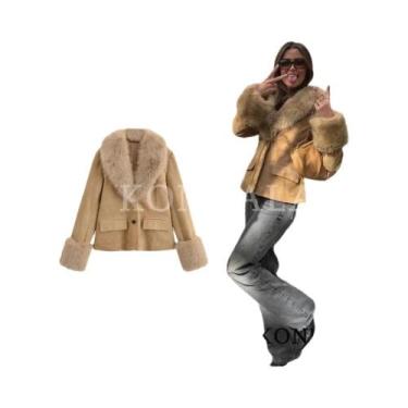 Imagem de Blazer Feminino Elegante Slim Fit Em Camurça Com Gola De Pele Sintétic