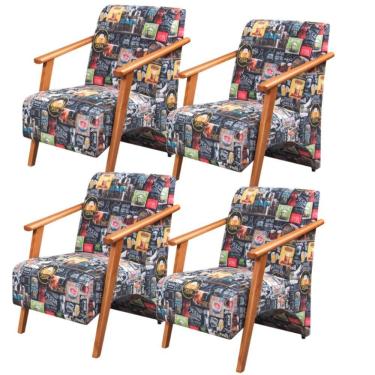 Imagem de Kit 4 Poltronas Venus 1 Lugar Braço Madeira Maciça Tecido Suede Unidecor Retro Bar 107