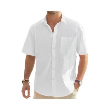 Imagem de Camisa Masculina De Verão Em Algodão E Linho De Cor Sólida, Manga Curt