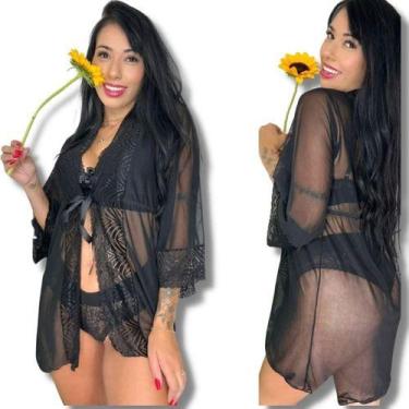 Imagem de Robe Tule Transparente Roupão Sensual Renda Feminino Luxo - Mi Amore, 