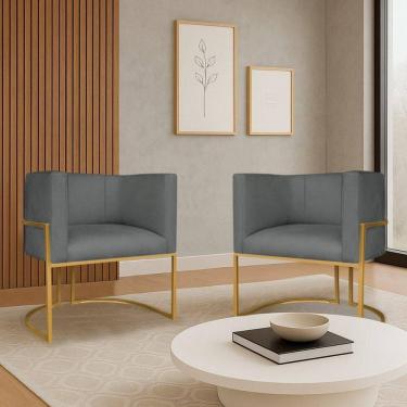 Imagem de Kit 2 Poltronas Dália Luxo Moderna Estofada Design Sofisticado Com Base De Ferro Dourado Suede Cinza