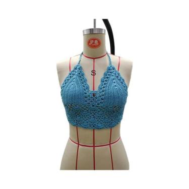 Imagem de Top De Biquíni Preto Em Crochê Para Mulheres, Modelo Triângulo Vazado,