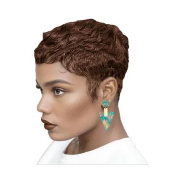 Imagem de Peruca Feminina Curta De Cabelo Humano Com Corte Pixie Ondulado, Franj