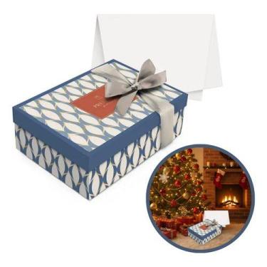 Imagem de Kit Presente Caixa Média 35x25cm Estampada Seda Fita Laço Azul-aço - c