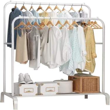 Imagem de Arara Dupla Guarda Roupa Cabideiro Armario Sapateira Prateleiras Portatil Organizador De Chao Metal Luxo Branco