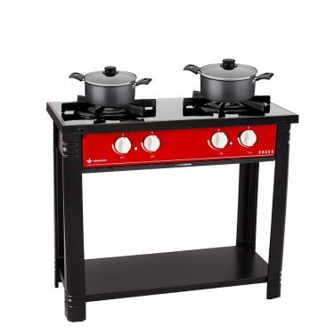 Imagem de Kit Fogão Industrial 2 Bocas Duplas Bravo BR2BF Vermelho com 2 Caçarolas Turim Alumínio Antiaderente Venâncio