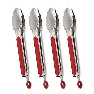 Imagem de UPTALY Pinças de churrasco 4 peças (26 cm), pinça de grelha de aço inoxidável com alça vermelha, pinça de comida de tamanho grande, pinças de carne espessas, pinça de servir para cozinhar, grelhar, churrasco, buffet