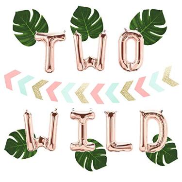 Imagem de 14 peças ouro rosa dois balões selvagens, decoração de festa de aniversário selvagem selva 2º aniversário decoração para safári dois aniversários selvagens selva