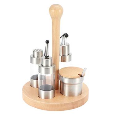 Imagem de Bandeja de madeira recipiente de armazenamento de garrafa de condimentos, recipiente de armazenamento de condimentos de aço inoxidável 304, pote de especiarias, utensílio de cozinha (moldura redonda de madeira)