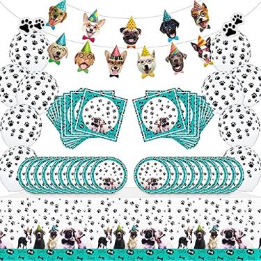 Imagem de Decorações de aniversário para cães e animais de estimação, artigos de festa, serve 20 unidades; inclui bandeiras de rosto de filhotes, guardanapos, patas, balões e capa de mesa, pacotes de festa para decoração de chá de bebê de aniversário para cães e crianças (turquesa)
