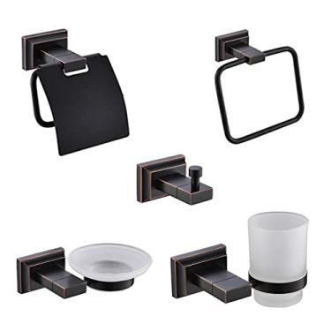 Imagem de Toalha de parede preta, suporte de escova de papel higiênico, suporte de copo, gancho de parede, banheiro antigo, chuveiro, banheiro, conjunto de acessórios de ferragens, conjunto de 5 peças C