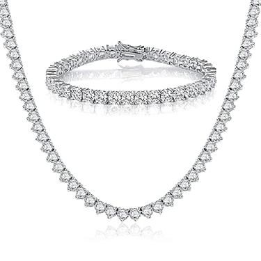 Imagem de MDFUN Conjuntos de joias de colar de tênis banhado a ouro branco 18K 4 mm zircônia cúbica redonda e conjuntos de colar para mulheres e homens (45,7 cm e 19 cm), 18 inch & 7.5 inch, Latão, Zircônia