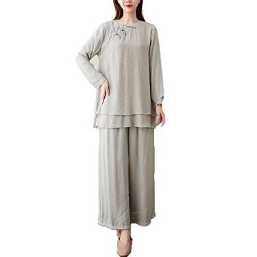 Imagem de Yajun Spring Tang Terno Feminino Chá Zen Roupas Retrô Estilo Chinês Tradicional Yoga Algodão Terno Duas Peças Kung Fu Uniforme, Cinza, G (Busto: 104cm)