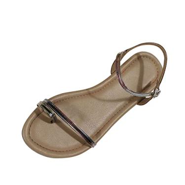 Imagem de Sandália feminina moda verão cor sólida capa de couro fivela casual sandálias rasteiras bege, Cinza, 8.5