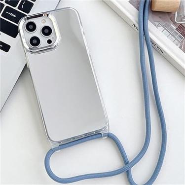 Imagem de Alça Cordão Corrente Colar Fita Estojo De Telefone Para iPhone 14 13 12 11 Pro Max 14Plus Espelho Acrílico À Prova De Choque Tampa Traseira TPU, Azul Claro, Para iPhone 14 Pro