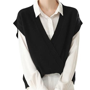 Imagem de Feminino 100% suéter de caxemira colete com decote em v sem mangas pulôver suéter solto de malha colete curto (preto XXL)