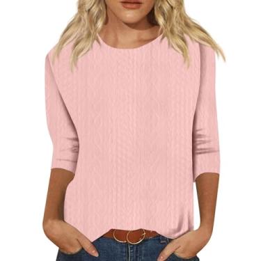 Imagem de Tops de verão para mulheres 2024 moda manga 3/4 camisas bonitas estampa floral ajuste solto blusas casuais elegantes camisetas, rosa, M