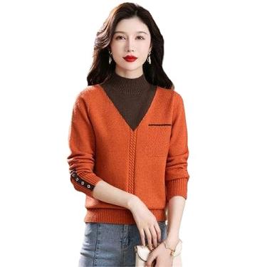 Imagem de Suéter feminino vintage com painéis de emenda outono inverno streetwear manga longa casual slim pulôver de malha, Laranja, M