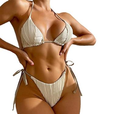 Imagem de Conjunto de biquíni feminino sexy, lindo, plus size, tanga com controle de barriga, cintura alta, biquíni transparente, Bege, P