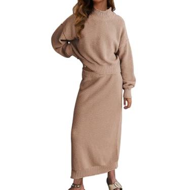 Imagem de Dsewpaur Conjunto feminino de 2 peças de saia de suéter com gola falsa, manga comprida, conjunto de moletom de malha maxi saia longa, Caqui, Medium