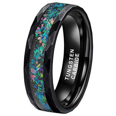 Imagem de TUTISS Anéis de tungstênio martelado prateado/preto de 6 mm, 8 mm, para homens e mulheres, casal, opala genuína, galáxia, incrustado, joias, alianças de casamento, noivado, acabamento fosco, ajuste