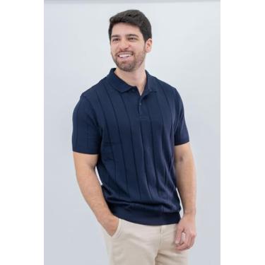 Imagem de Camisa Polo Tricot Com Botões Elegante (BR, Alfa, G, Slim, Azul Marinho)