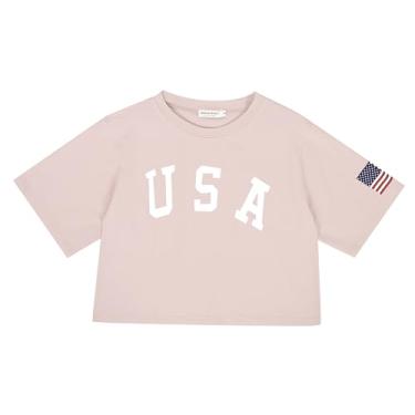 Imagem de Anna-Kaci Camiseta feminina com estampa de letras, manga curta, 4 de julho, bandeira dos EUA, rosa, M
