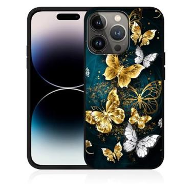 Imagem de Uiaoiais Capa projetada para iPhone 15 Pro, capa de telefone Golden Butterfly para meninas, mulheres, homens, capa protetora de TPU macio à prova de choque para iPhone 15 Pro de 6,1 polegadas