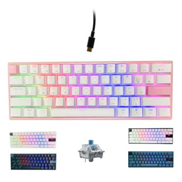 Imagem de Teclado portátil 60% mecânico para jogos, retroiluminado, compacto, 61 teclas, mini teclado de escritório com fio com interruptor azul PBT para Windows, laptop, PC, Mac. (branco/rosa)