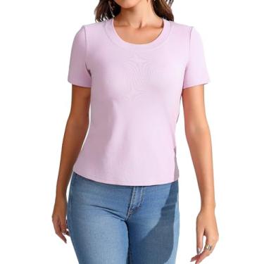 Imagem de MSHING Camisetas femininas casuais básicas slim fit verão manga curta gola redonda, Rosa, roxo, G