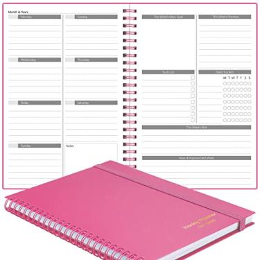 Imagem de Planejador, Caderno Asten Undated Weekly Planner Goal Planner, Planejador espiral para homens e mulheres, capa dura de PVC, fechamento elástico, bolso interno 21 x 14,7 cm (rosa)