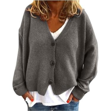 Imagem de LUZBOSE Cardigã feminino suéter feminino gola V manga longa casual cor sólida suéter solto colete de malha pulôver adequado para mulheres e meninas modernas (XXL, cinza)