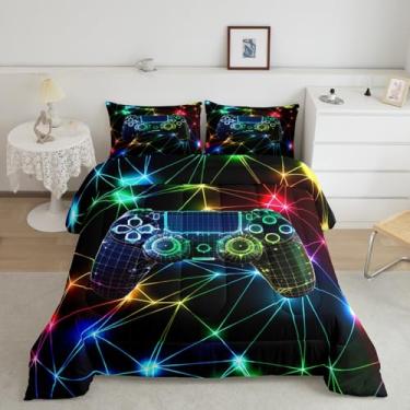 Imagem de Jogo de cama com controle de videogame moderno, para crianças, adolescentes, arco-íris, luzes neon brilhantes, listras cruzadas e 1 fronha para todas as estações, solteiro