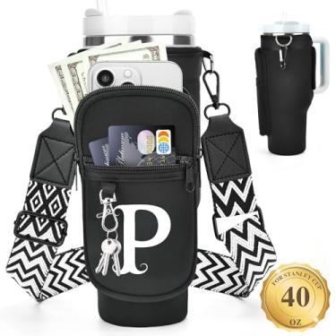 Imagem de LOKASS Suporte de garrafa de água com alça para copo Stanley Copo de 1,2 l com alça, inicial personalizada, bolsa de transporte de garrafa de água com bolso para telefone e mosquetão para acessórios