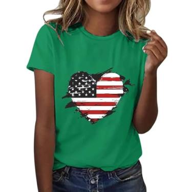 Imagem de Camiseta feminina moderna casual com bandeira do Dia da Independência estampada gola redonda manga curta roupas femininas, Verde, 3G