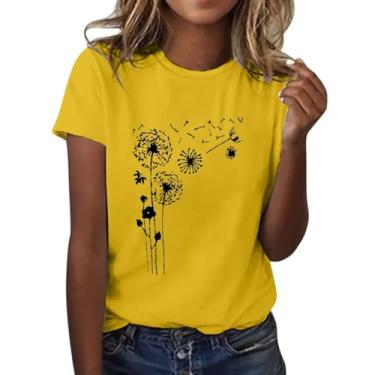 Imagem de Camiseta feminina com estampa de flor de dente-de-leão manga curta gola redonda moderna top leve feminino ombro vazado, Amarelo, P
