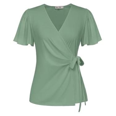 Imagem de GRACE KARIN Blusa feminina de verão 2024 elegante casual de chiffon com gola V e gola V para trabalho, Cinza, verde, M
