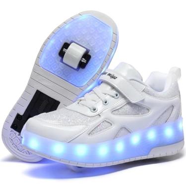 Imagem de HOVERKICKES Tênis infantil moderno com rodas para meninas - Tênis de skate premium recarregável por USB para meninos, Branco, 12 Little Kid