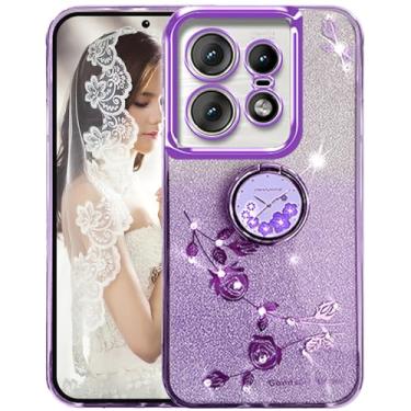 Imagem de Ephoou Capa fina para Motorola Edge 50 Pro, brilhante, brilhante, flores de diamante, design floral, capa de silicone macio com suporte de anel para Motorola Edge 50 Pro HSF-roxo
