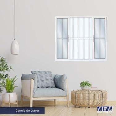 Imagem de Janela de Alumínio de Correr 100x100cm 4 Folhas 2 Fixas com Grade e Vidro Mini Boreal Linha Solida MGM Branco