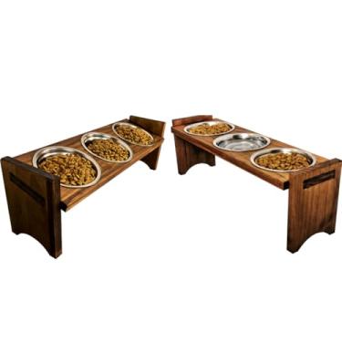 Imagem de Comedouro Triplo e Bebedouro Alto Para Gato Cão Cachorro Filhote Inclinado ou Reto Madeira Maciça Pote Inox (02)