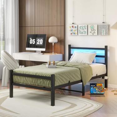 Imagem de Maliacife Estruturas de cama de solteiro com estação de carregamento e cabeceira de LED, estrutura de cama de metal com suporte de ripas de aço resistente, sem necessidade de mola box, sem ruído,