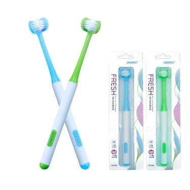Imagem de Escova de dentes 3 lados autismo 360° design de limpeza de dentes orais em forma de U, 2 peças de cerdas macias para adultos, macias e suaves para cuidados completos dos dentes e gengivas (azul +