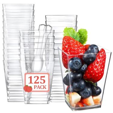 Imagem de Eupako Pacote com 125 mini copos de sobremesa de plástico de 142 g com colheres - Copos pequenos parfait transparentes, copos quadrados de aperitivo para frutas, pudim, mousse, sorvete, festa,